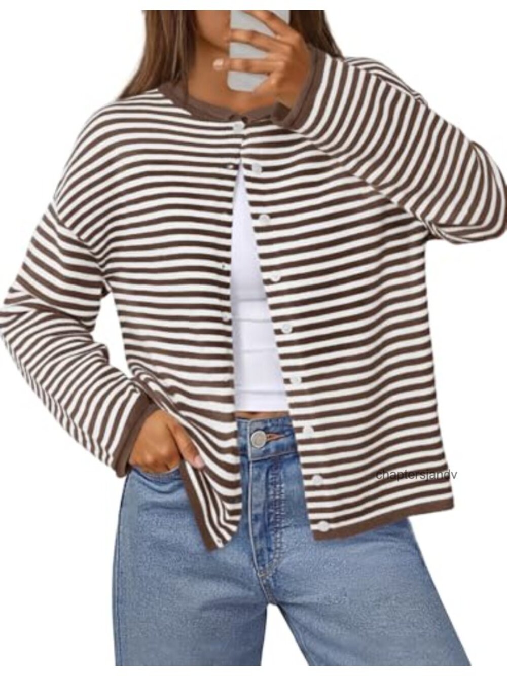 Striped Button Down Cardigan Rolled Collar Drop Shoulder Lightweight